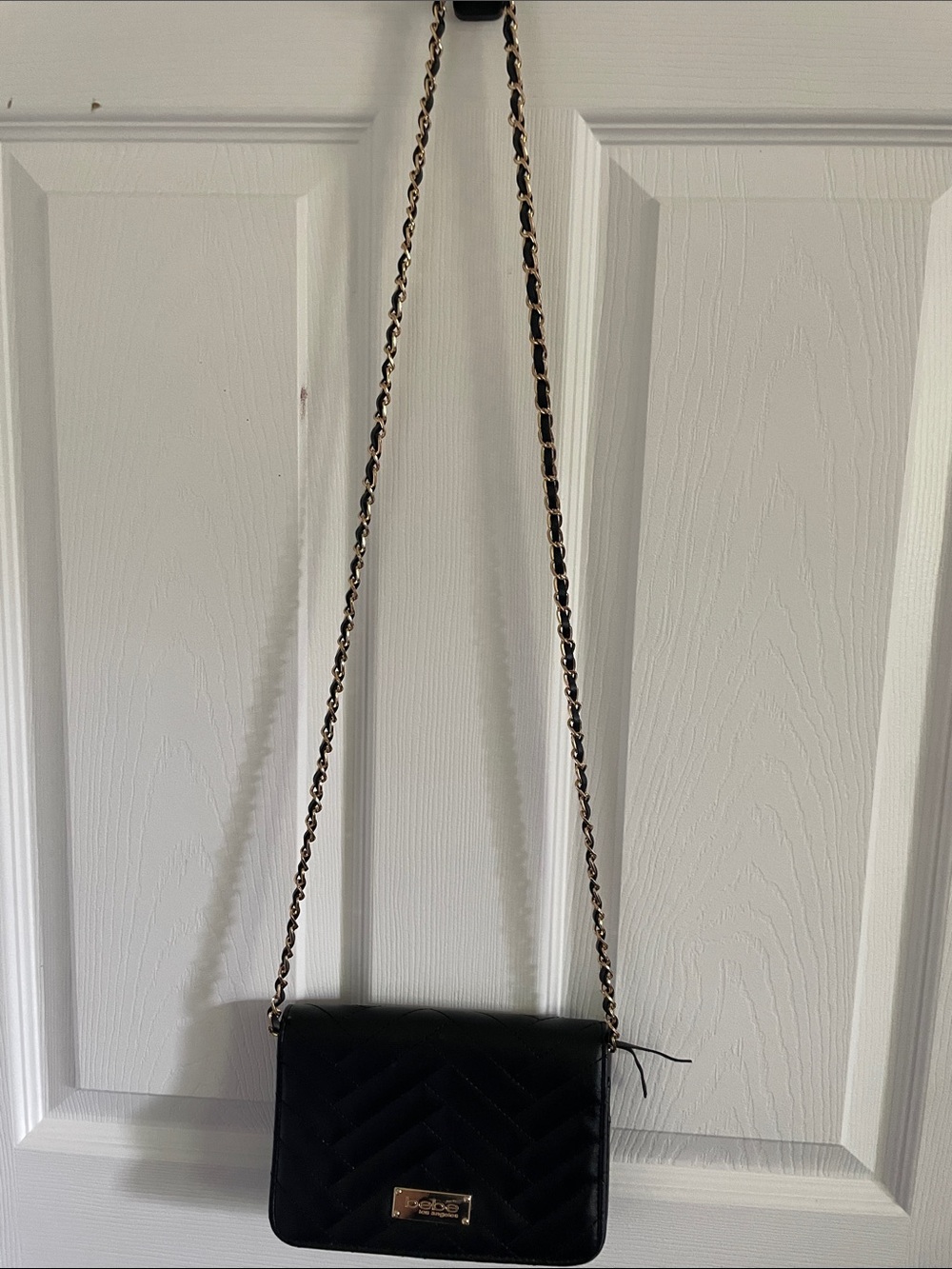 bebe Black Quilted Crossbody with Gold Chain Strap